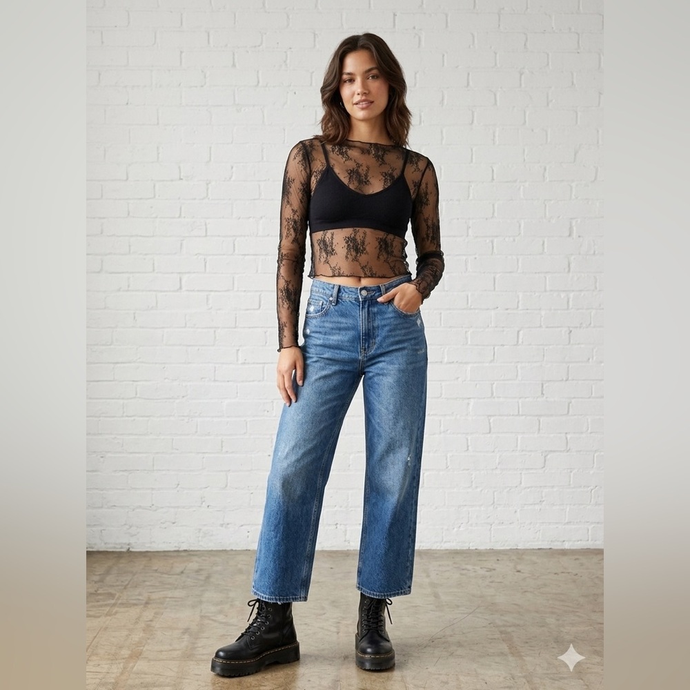 Mesh Sheer Floral Lace Mock Neck Long Sleeve Top Fairy Whimsigoth Witchy Layer
